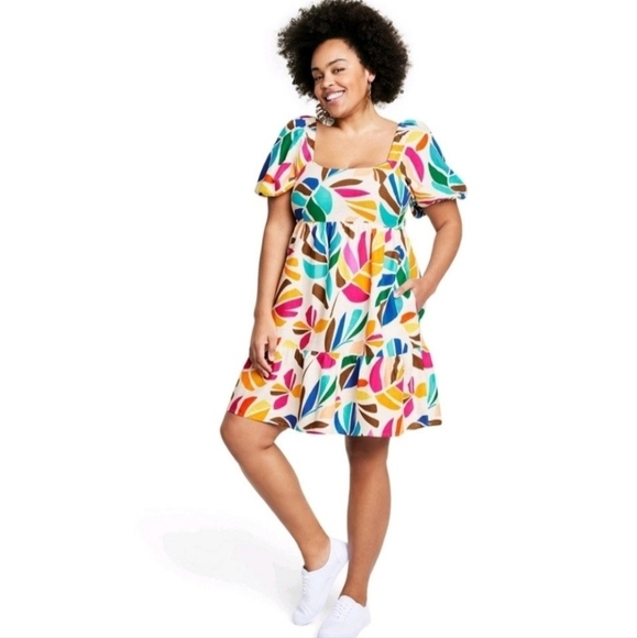 Tabitha Brown×Target multicolor botanical puff sleeve smocked midi dress pockets - Picture 1 of 16